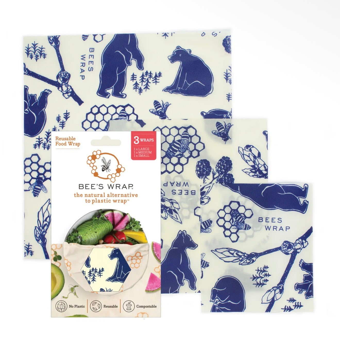 Reusable Beeswax Food Wraps 3 Pack - Bees & Bears