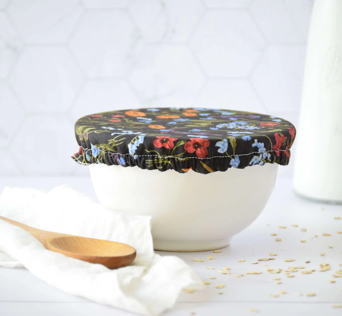 Reusable Bowl Covers--Wild Flowers on Black